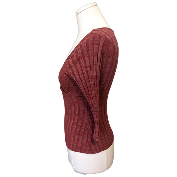 Vintage Y2K Red Ribbed Babydoll Top 3/4 Sleeve V Neck Burgundy Heather Sz S - Picture 4 of 8